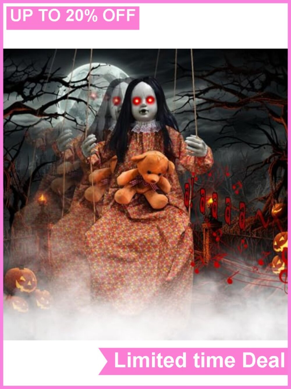 45-Inch Hanging Swinging Girl Halloween Prop Animated Sound Activated LED Eyes